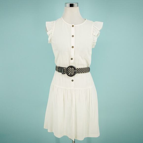 Trina Turk Size 2 White Button Flutter Sleeve Fit Flare Belted Cotton Dress - Picture 1 of 6